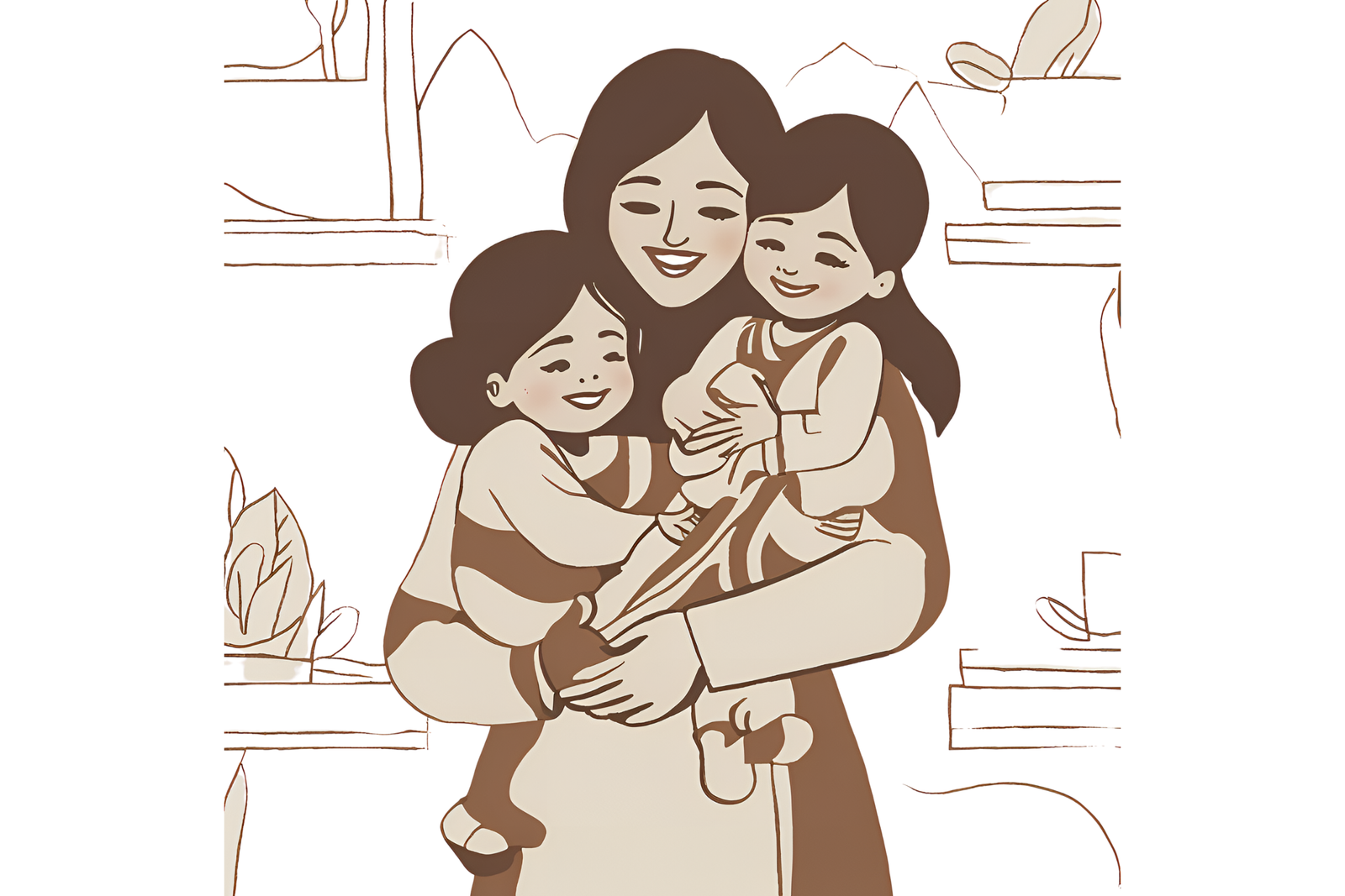  A candid, cozy photo of a mom hugging her kids, with natural lighting and minimalistic background