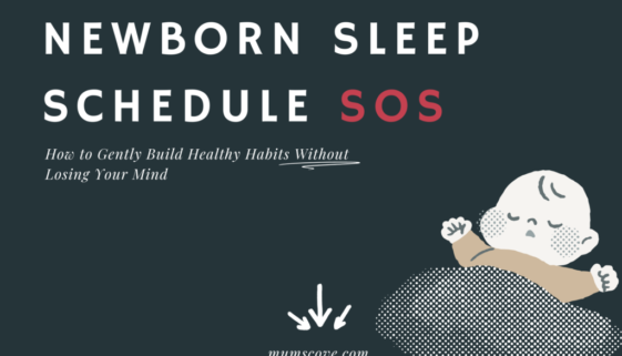 A sleepy newborn wrapped in a swaddle next to a checklist titled "Newborn Sleep Schedule Tips for New Moms