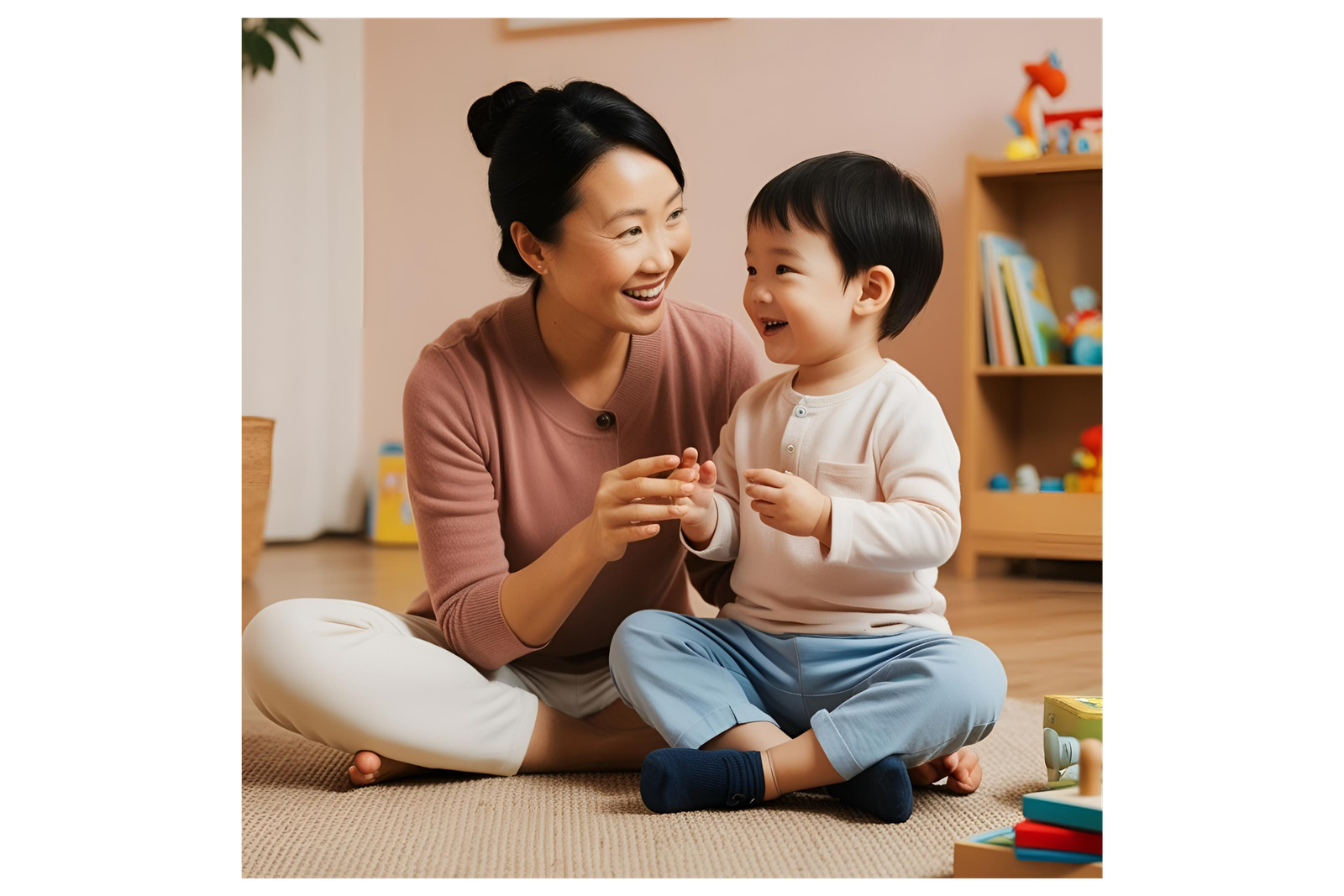 Mother using gentle parenting techniques with her toddler at home 